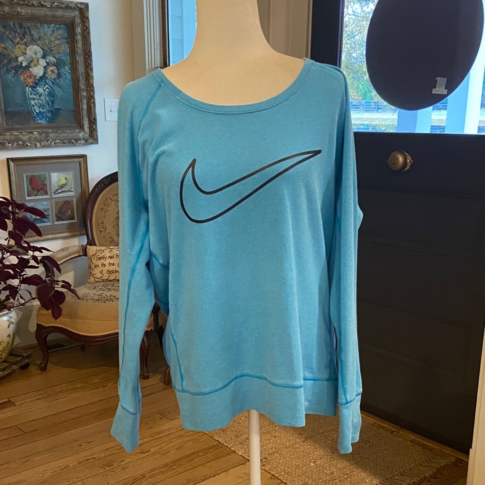 Nike Women's Light Blue Sweatshirt with Black Logo Size Large